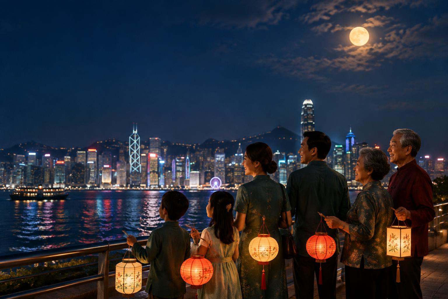 一家人在維港旁提著燈籠賞月